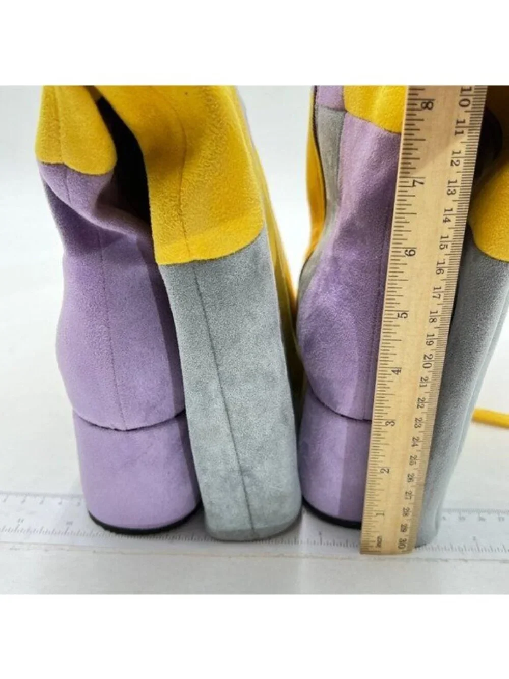 Platform Knee High Boots for Women Boots Round Toe Chunky High Heels Yellow Grey